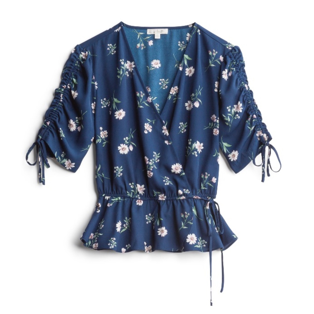 Nine Britton 💙 Aimee Ruched Sleeve Peplum Top